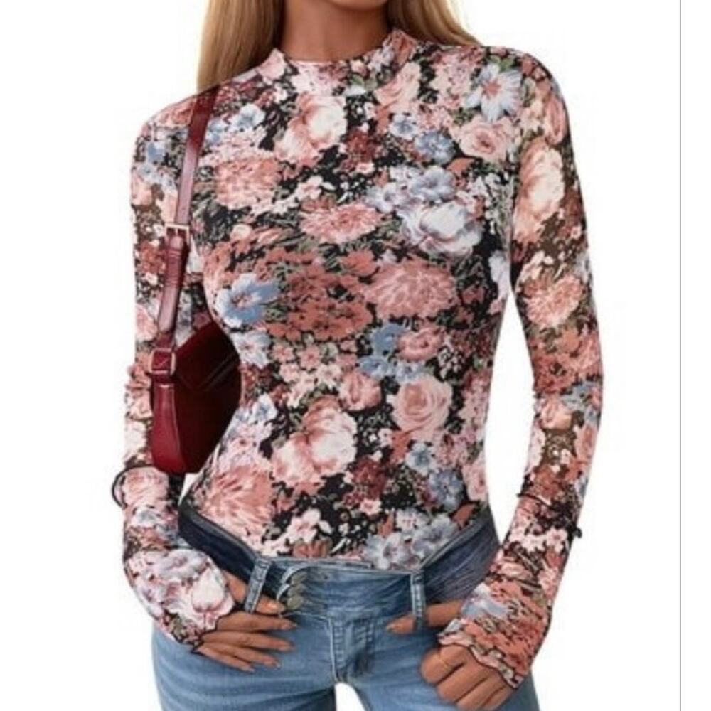 NWT ~ Women's Boho Long Sleeve Floral Mesh Long Sleeve Slim Fit Top ~ Size XL